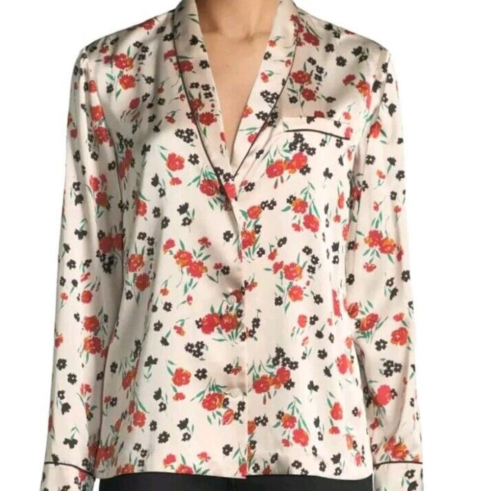 ALC floral silk blouse Women 2 Xs Leomie Pajama Button Down Top Pink L/S Stretch